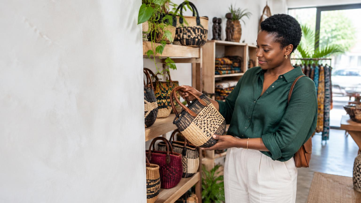 Ghanaian woman browsing woven bags in a bright Accra boutique
