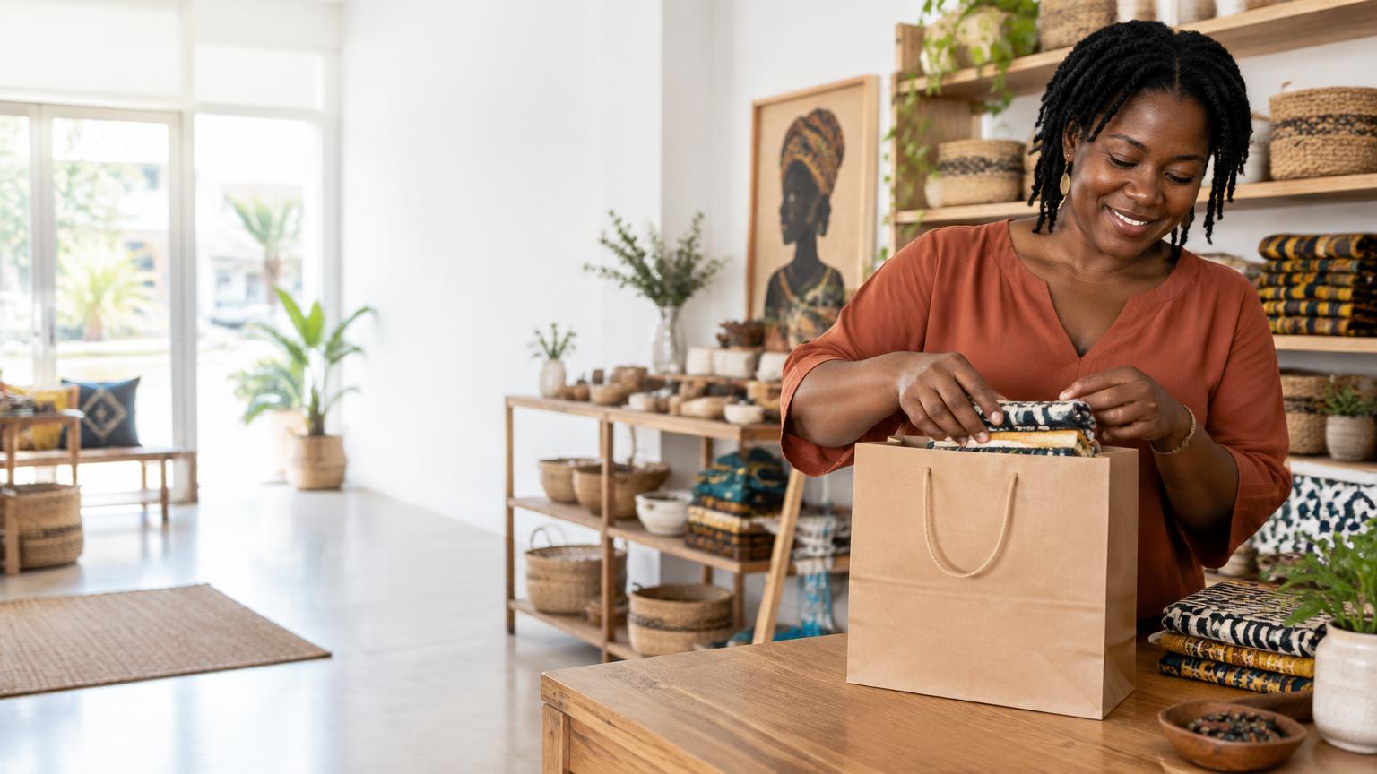 Ghanaian shop owner preparing a bag of textiles at her counter